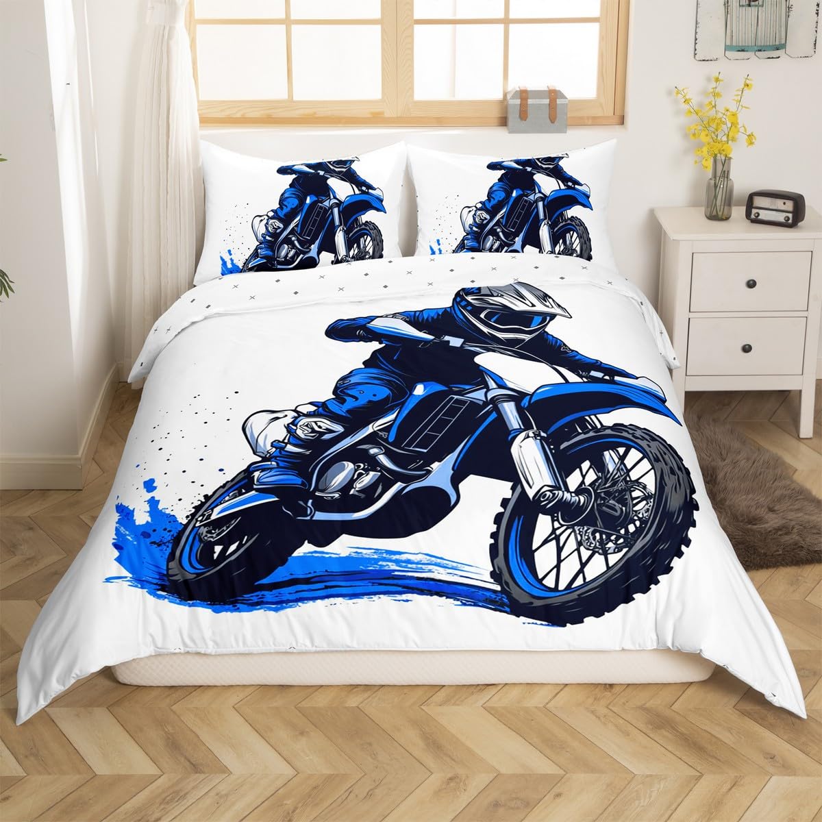 Loussiesd Graffiti Dirt Bike Duvet Cover Set Cot Size For Kids Boys Teens Men Extreme Sports Bedding Set Racing Motocross Rider Comforter Cover with 1 Pillowcase Blue Motorbike Pattern — image 1