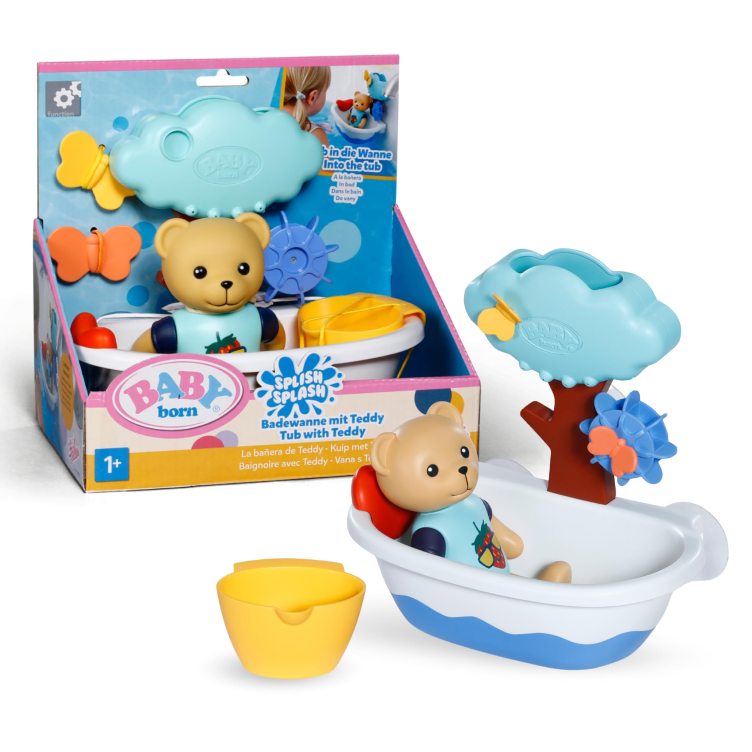 BABY born Splish Splash Tub with Teddy, Interactive Bath Time Toy with Swimming Teddy, features a Turning Wheel and Tree Shower, Wind Up Toddler Bath Toy, Sensory Development, 838105 Zapf Creation