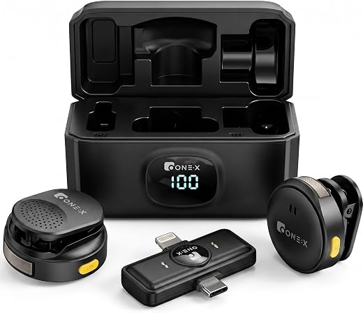 Kit 2 Microfones de Lapela Profissional, Transmissão Sem Fio, Case de Carregamento, Bluetooth, Cancelamento de Ruído,12h Tempo de Trabalho, Compatível com Camera, iPhone, Android, USB-C e Lightning