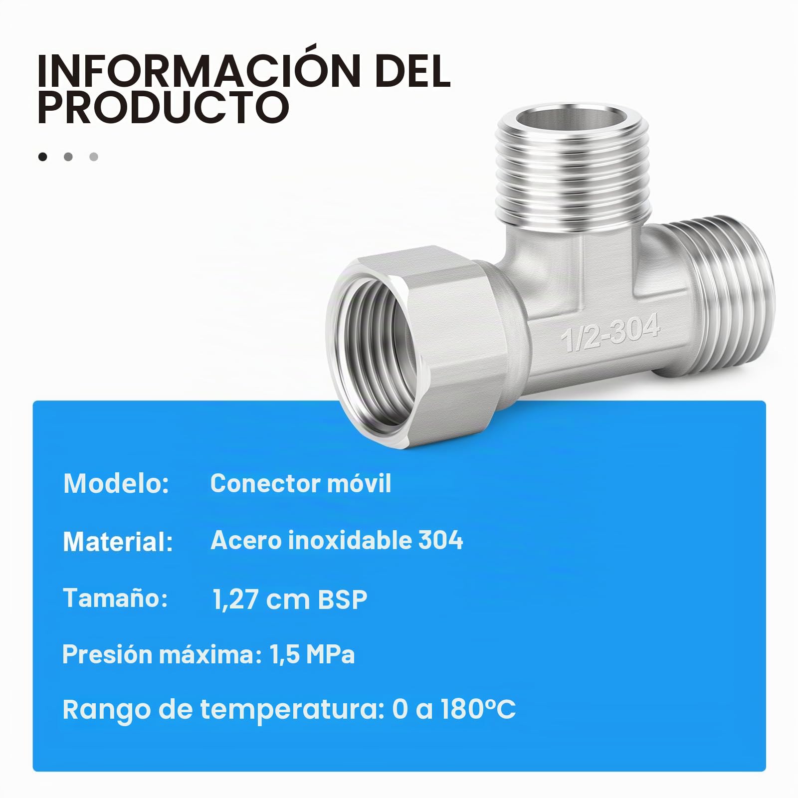 Conector en T flexible 3 vías acero inoxidable 304 1/2" macho BSP tuerca de unión para rociador