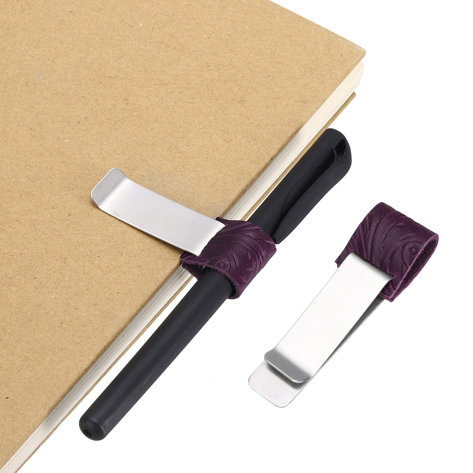 PATIKIL Pen Loop for Notebook, Brass Carved Retro Leather Pencil Holder Pen Clip for Notebook Clipboards Pocket Office Traveler Journals Planner, Light Purple/Silver