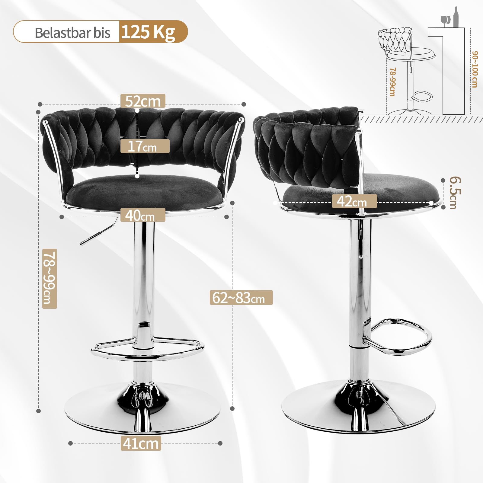 LEADZM Barhocker 2er Set, Barhocker Höhenverstellbar mit Samtsitz, Barstuhl 2er Set, Bar Stool, Küchenhocker, für Bar Küche Theke Café (Schwarz)