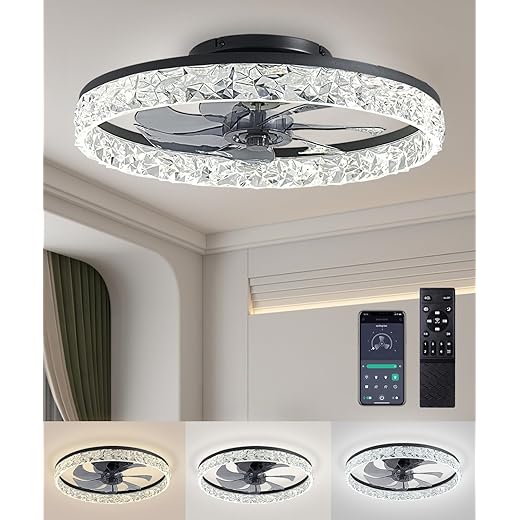 Ceiling Fans with Lights and Remote, 19.7" Low Profile Ceiling Fan with Light, 3000-6500K Dimmable, 6 Speeds and Stepless Color Temperature Change for Bedroom, Living Room and Kids Room(Black)