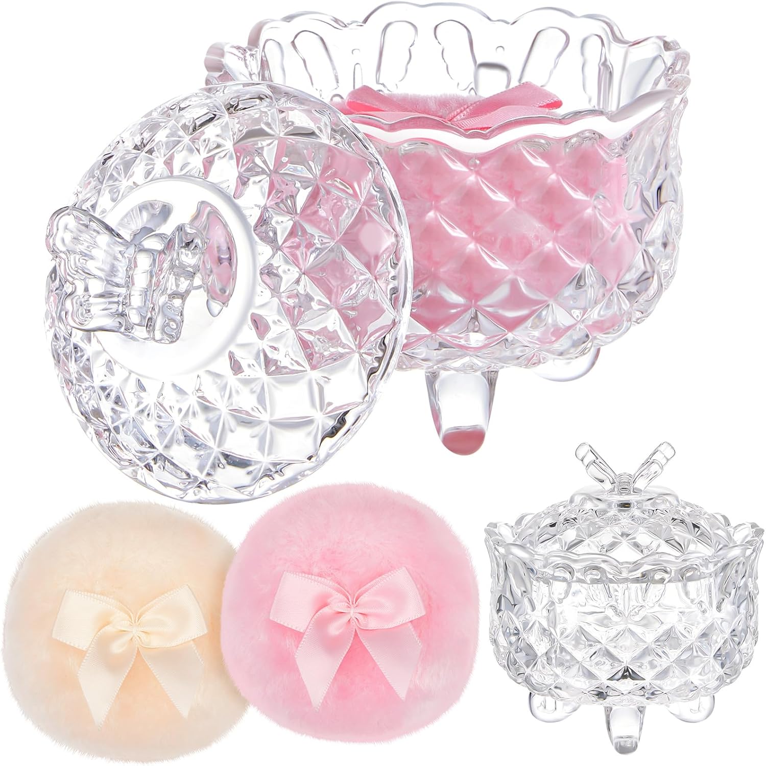 Tioncy 3 Pcs Large Body Powder Puff and Container Powder Container with Puff Powder Puff Crystal Container Soft Washable Reusable Velour Face Body Glitter Powder Puff Wet Dry Makeup (Clear,Butterfly)