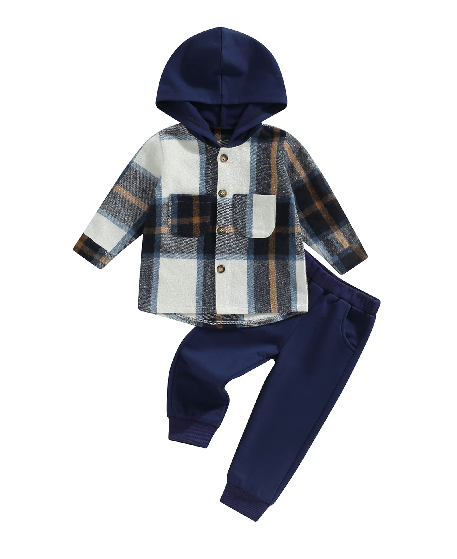 Kids Toddler Boys Girls Long Sleeve Button Down Hooded Plaid Shirt Hoodie Jacket+Solid Color Pant Outfit Fall Clothes (Plaid Hoodie-Navy Blue, 3-4 Years)