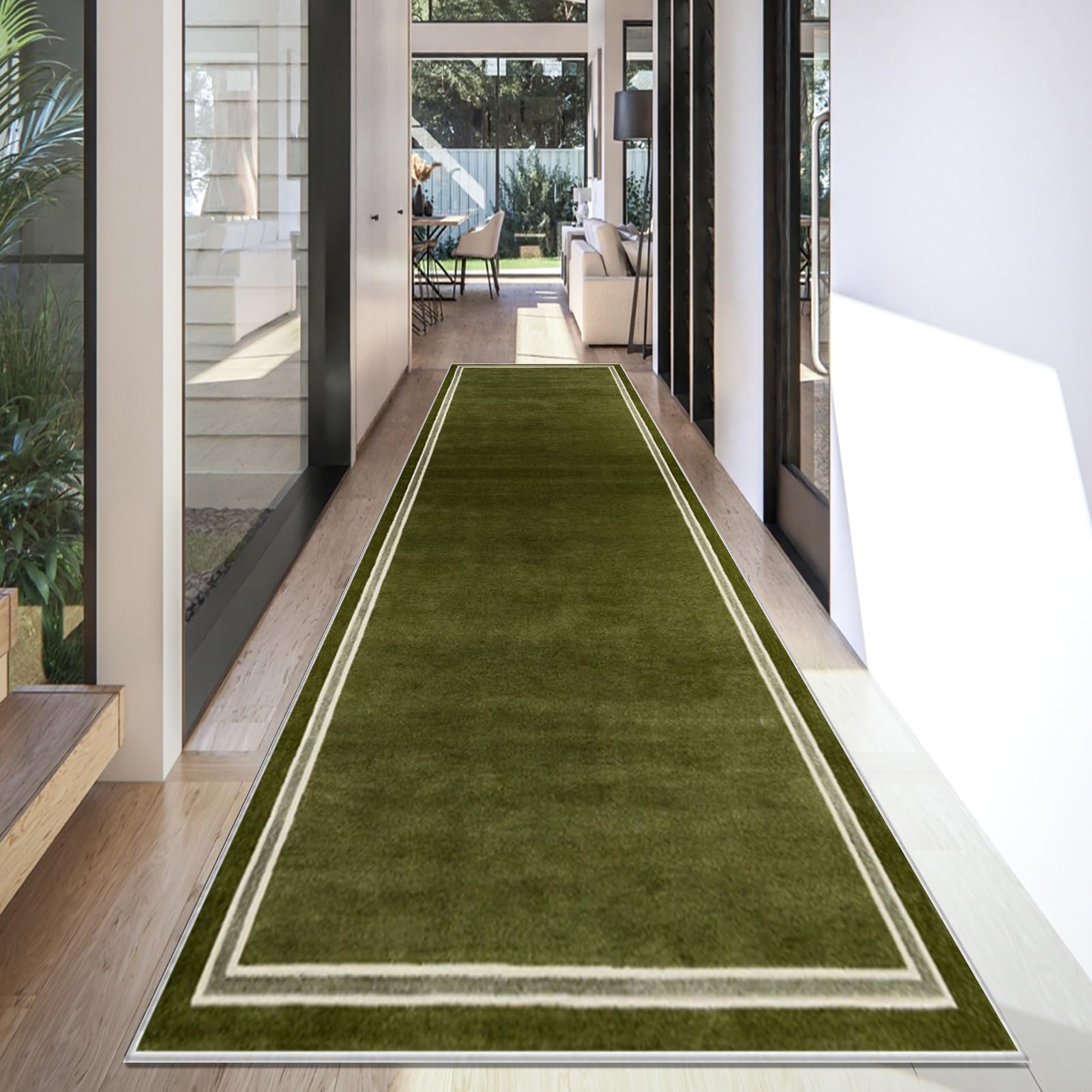Long Runner Rugs for Hallways Non Slip Green Hallway Runner 80 x 500 cm Washable Carpet Runner for Kitchen, Heavy Duty Hall Runner Door Mat Absorbent Area Rug Low Pile Floor Carpet for Kitchen