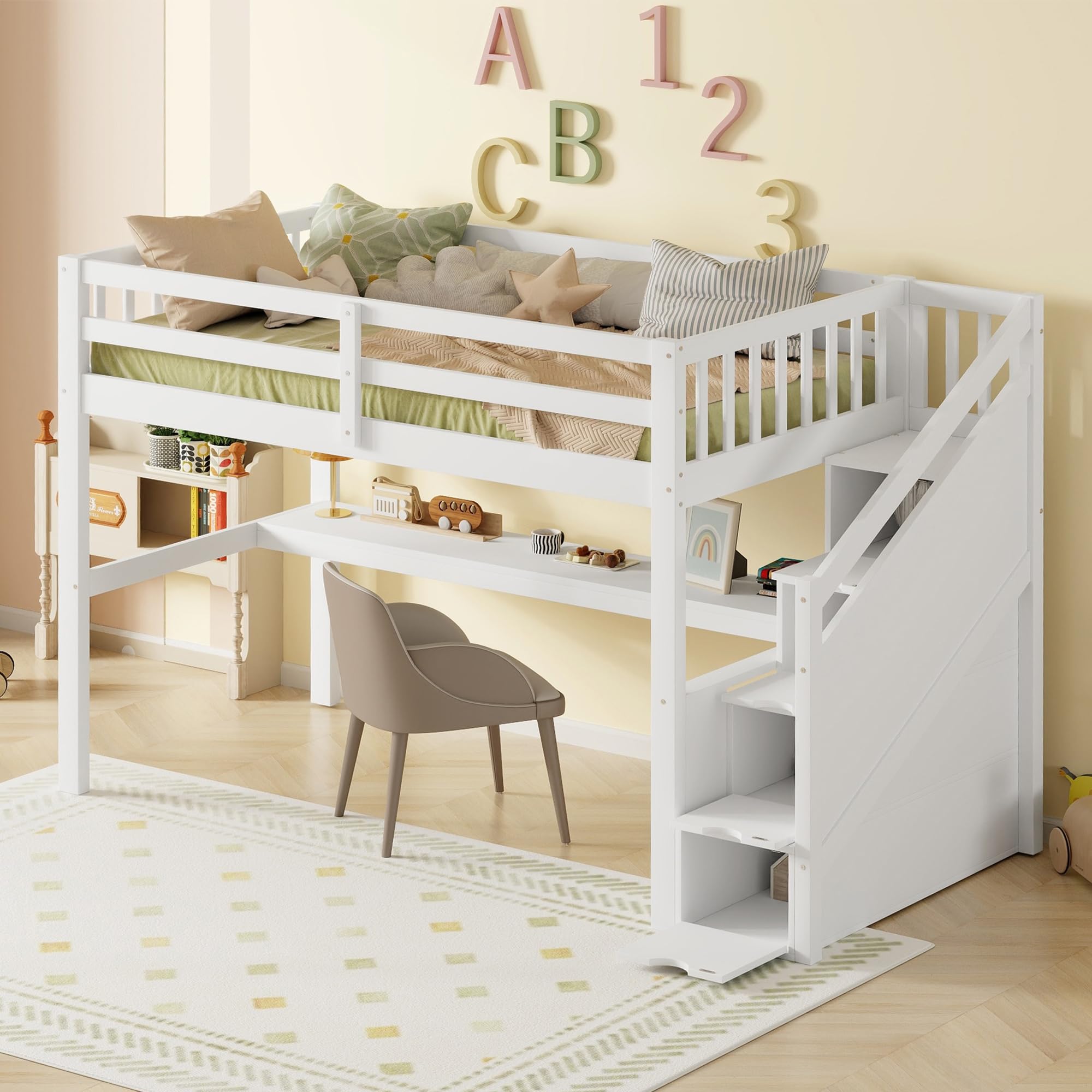 Kinder hoogslaper - 90 x 200 cm - met 1 lade uitneembaar nachtkastje - vloerbed - grenen MDF