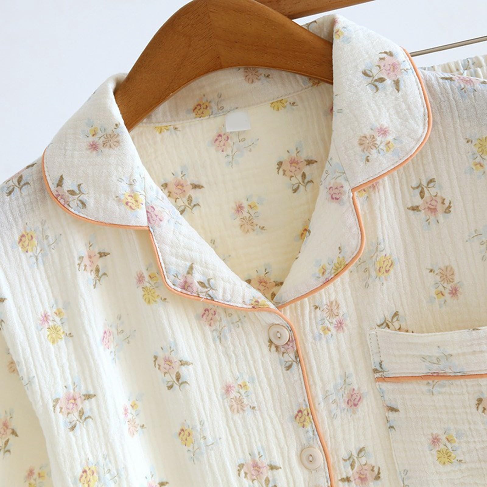 Generisch Leichtes Pyjama-Set für Damen kurzärmelig Lange Hose Nachtwäsche Blumendruck bequemes Heimoutfit Frühling