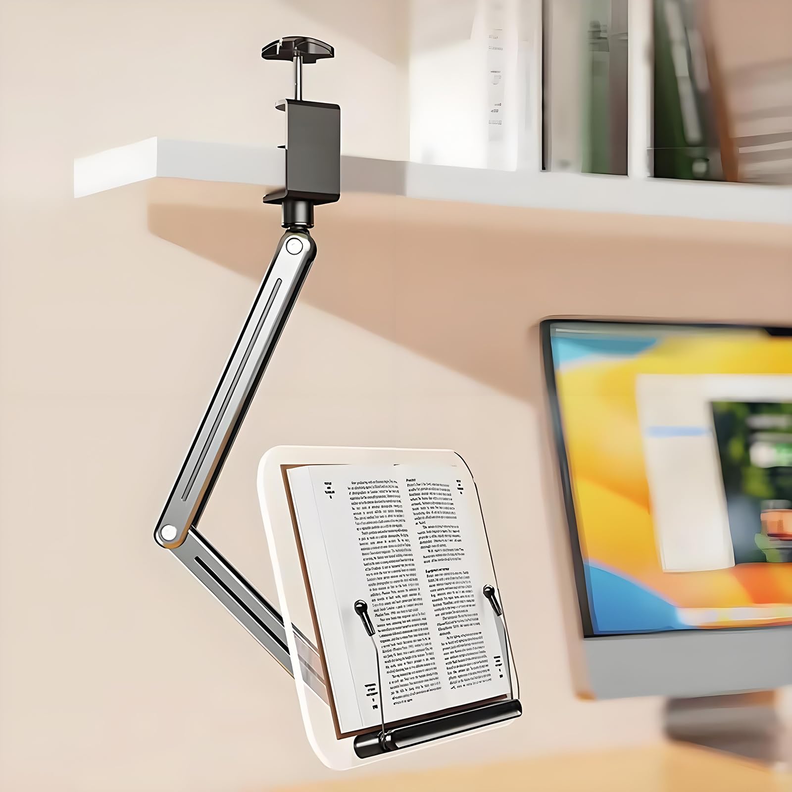 Acrilico, supporto per libri regolabile con base girevole a 360°, supporto pieghevole con morsetto a C, compatibile con dispositivi da 11 a 16 pollici per casa e ufficio