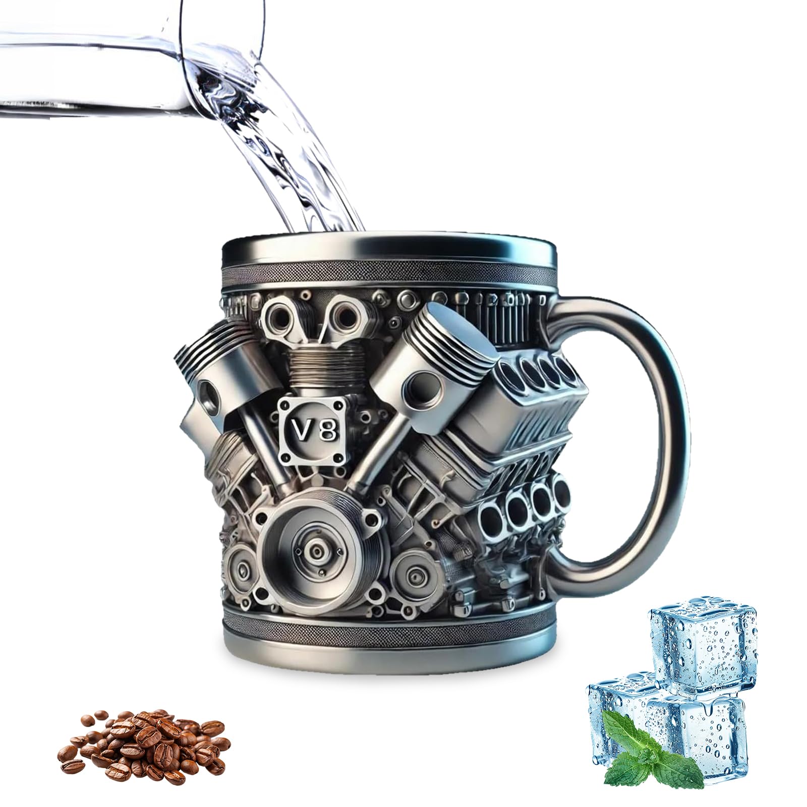 Gonggi V8 Engines Stainless Steel Cup, Durable Stainless Steel Mug, Realistic Engine Shaped Coffee Mug, Creative Car Engines Design Gift for Racing Enthusiast Car Fans