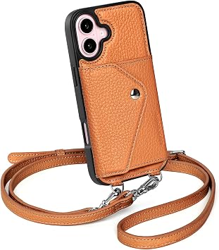 LUCKYCOIN iPhone 16用クロスボディフォンケース、本物のペブルレザーウォレットフォンケース、拡張可能なフリップカードホルダー付き、ブラウンの電話財布 調節可能な取り外し可能なストラップ付き、旅行/パーティー用