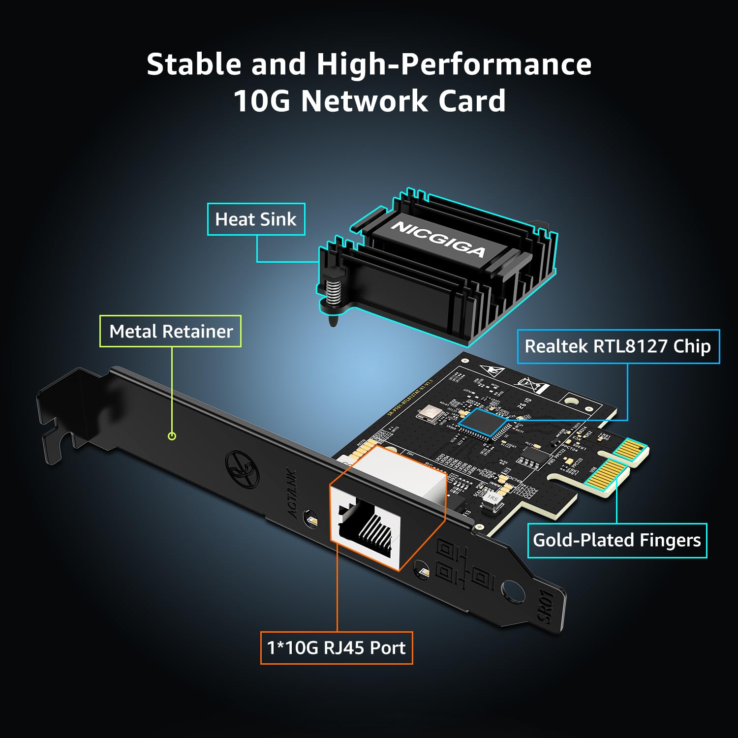 NICGIGA Realtek RTL8127 Carte réseau 10 Go PCIe 4.0 x1, adaptateur Ethernet multi-Gigabit 10G/5G/2.5G/1G RJ45 LAN NIC, prend en charge Windows 10/11/serveur, Linux, NAS, support à profil bas