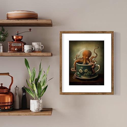 Miniatura 5 de Pulpo en una taza de té Pintura al óleo, decoración de pulpo, decoración de cocina gótica, arte de pared de cocina Moody, arte animal extravagante,