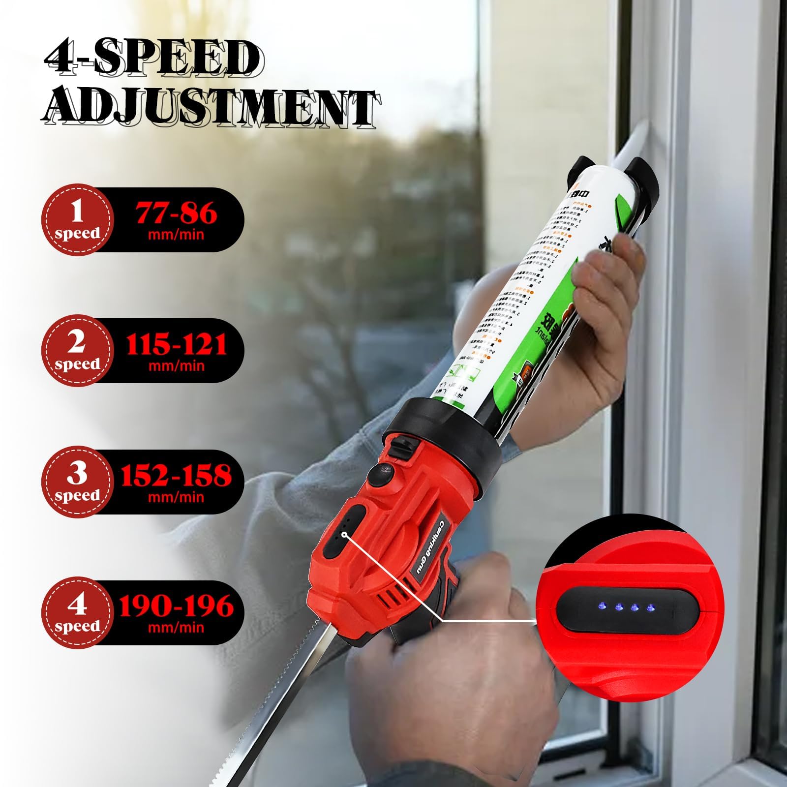 Pistolet Silicone Électrique 18V,Pistolet à Cartouche Electrique 1500mah,Pistolet Silicone Avec Led,4 Vitesses Réglables,Pompe a Silicone 300Ml Sceller,Anti-Goutte,Pour Étanchéité (1 Batterie)