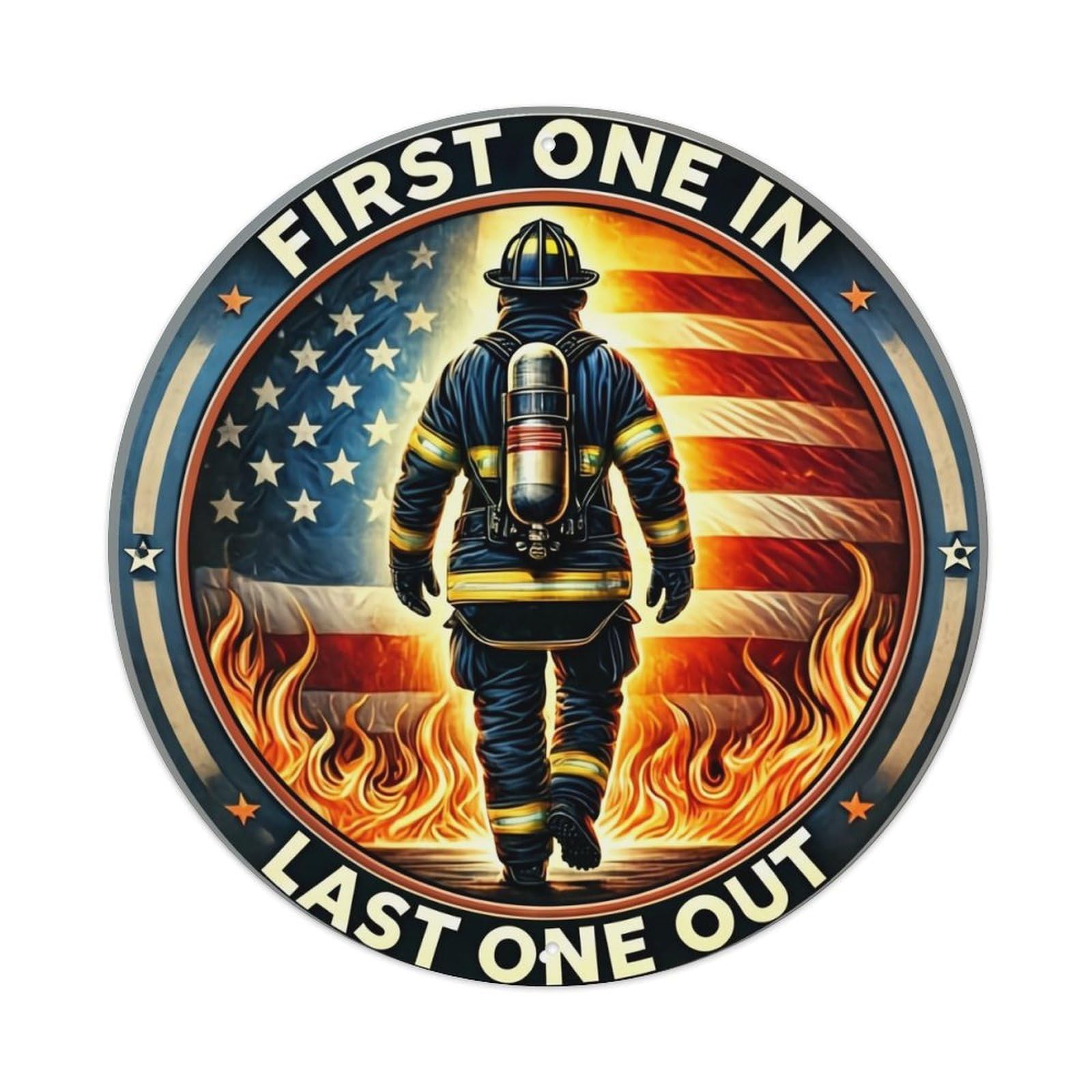 Firefighter Back American Flag Flames Vintage Metal Tin Sign Retro Wall Decor for Home Bar Garage Cafe, Indoor & Outdoor Decorative，circle Metal Poster, 8x8 Inch