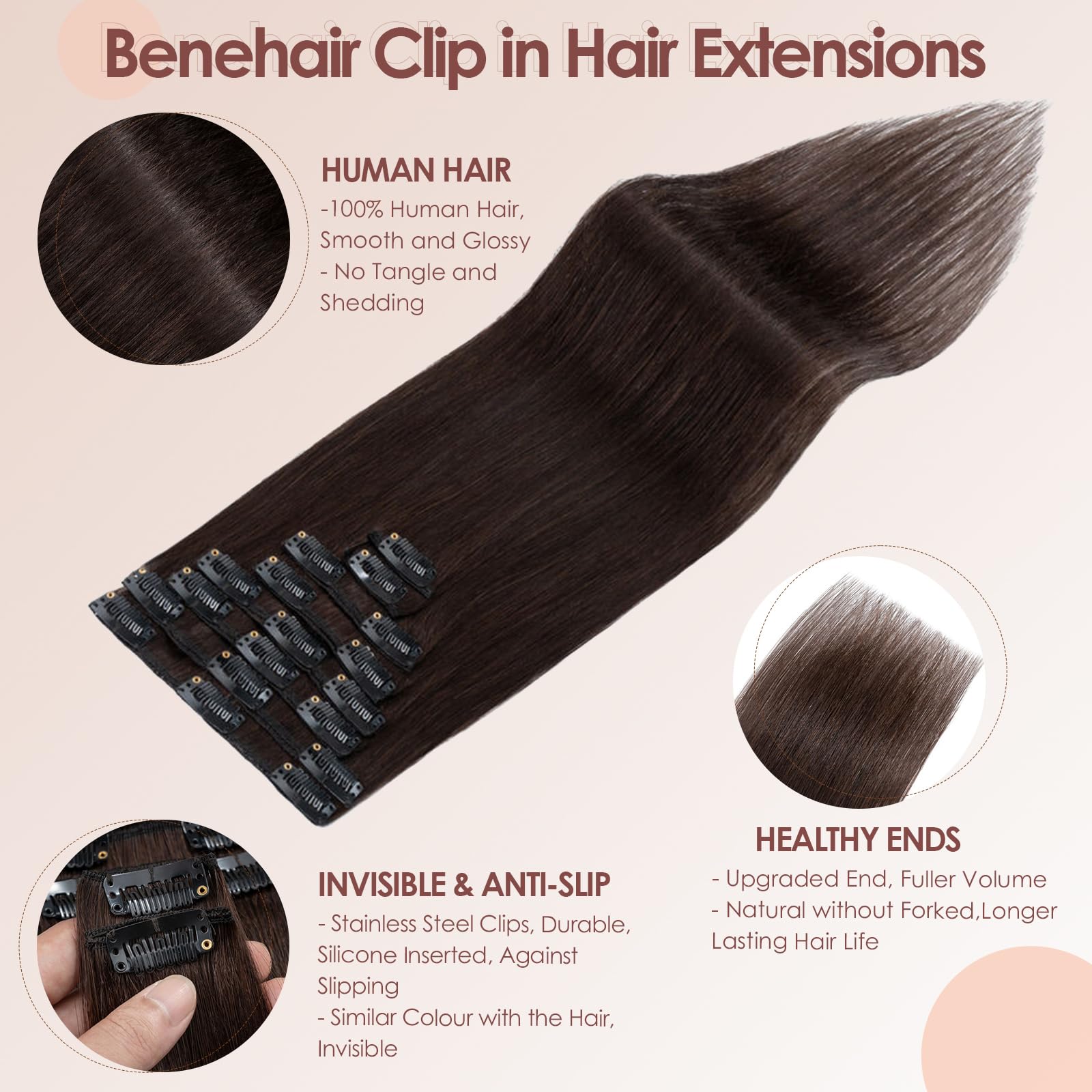 Benehair Human Hair Clip in Extensions #2 Dark Brown Real Remy Hair Extensions Clip in Long Double Weft Straight Hairpieces for Full Head Seamless 8 Pcs Set including 18 Clips 10 Inch (50 g) - Image 4