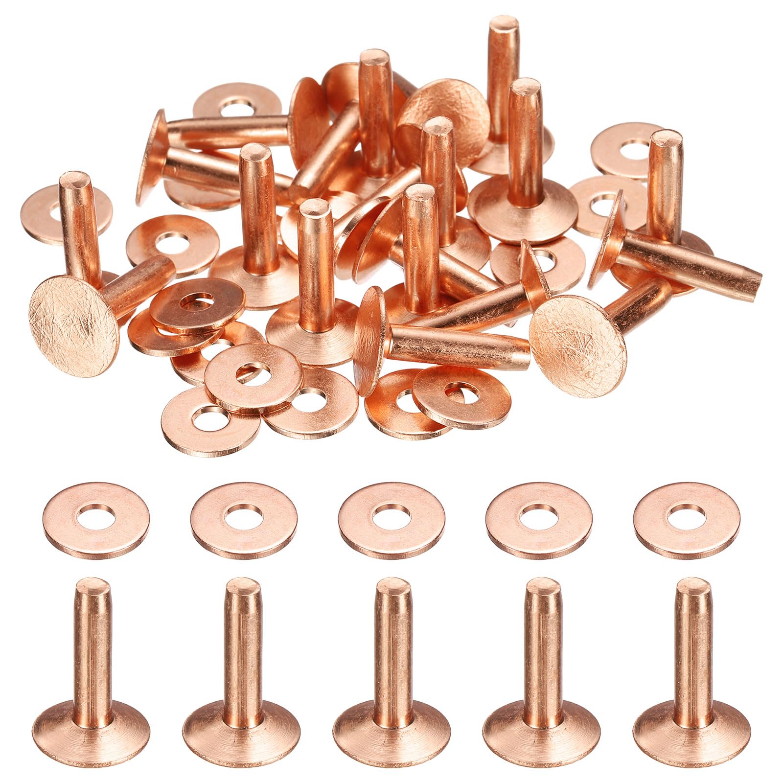 HARFINGTON 20Set Copper Rivets and Burrs Washers 12x4x16mm Dimpled Finish Solid Leather Rivet Fastener Studs Posts for Leather DIY Craft Belts Wallets Collars, Copper Tone