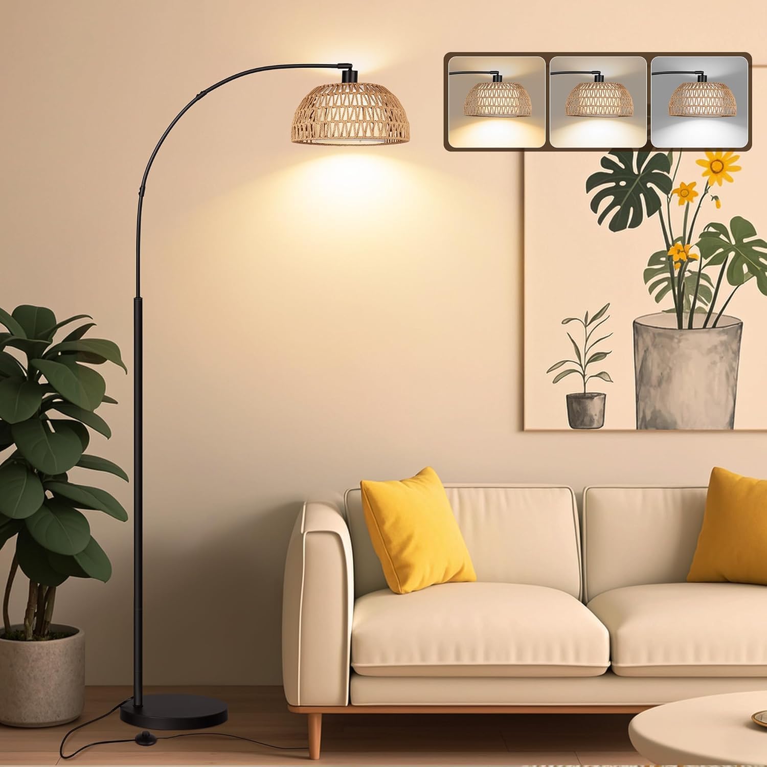 ROTTOGOON Bogen Rattan Stehlampe für Wohnzimmer 3 Farbtemperaturen Dimmbare 9W LED mit Fußschalter Boho Landhausstil Stehleuchte für Schlafzimmer Büro inkl. Birne Schwarz