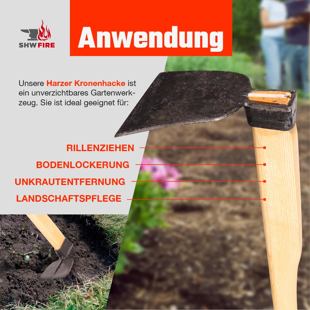 SHW-FIRE Harzer Kronenhacke – Gartenhacke mit 135 cm Holzstiel – Handgeschmiedet, robust & scharf – Ideal zum Wurzelentfernen & Bodenlockern – Made in Germany