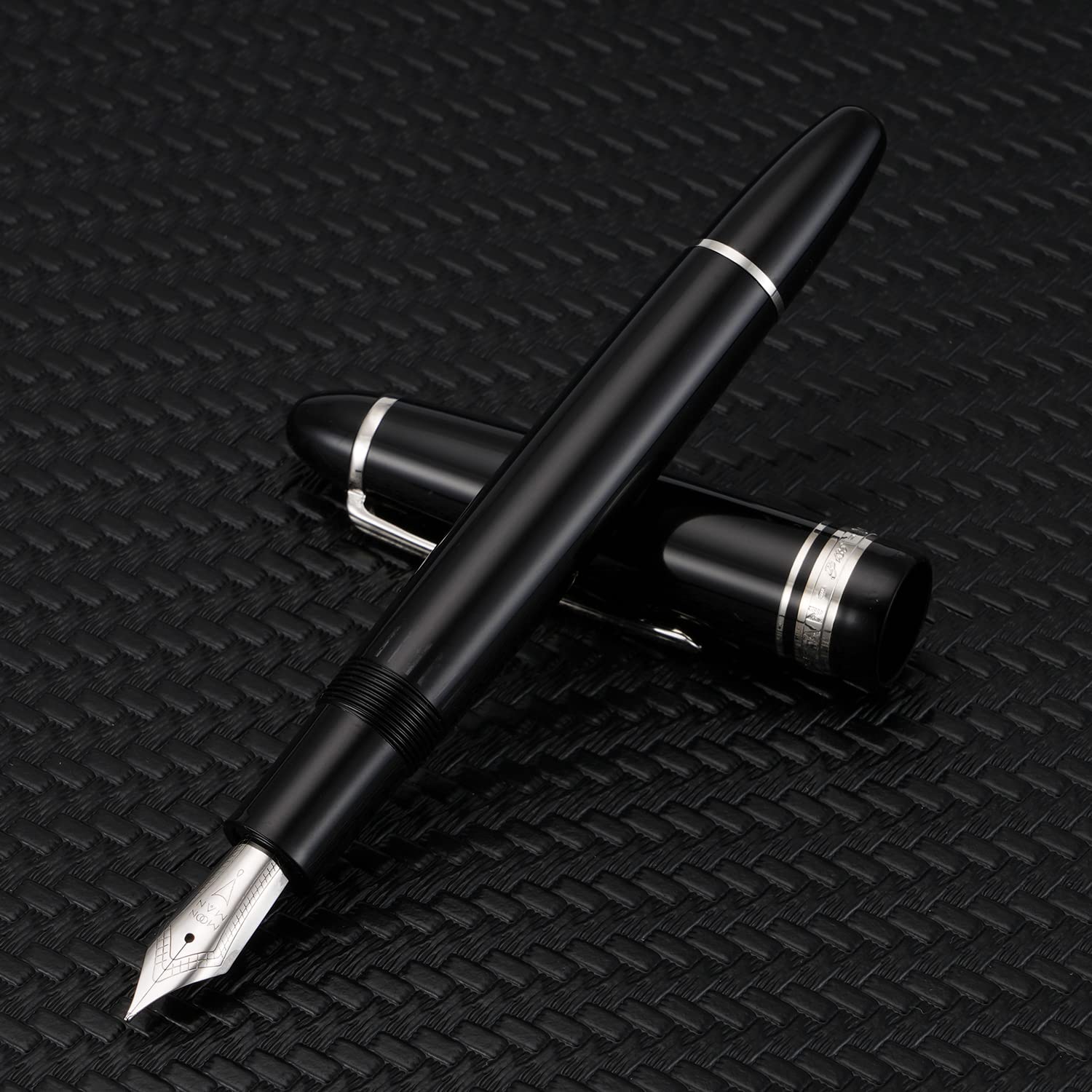 Majohn P136 Piston Pluma estilográfica mediana con caja, Boligrafo Pluma de Escribir de resina negra