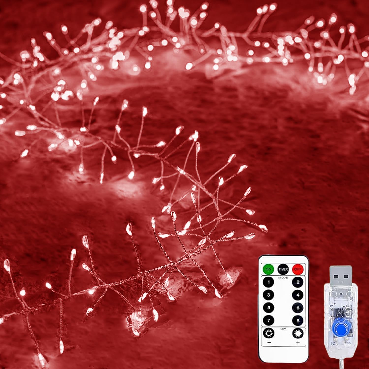 KINGCOO Cluster Fairy Lights with Remote, Waterproof 29.5FT 300LED Silver Wire Firecracker String Lights USB Powered for Outdoor Indoor Bedroom Window Wedding Christmas Party Decoration (Red)
