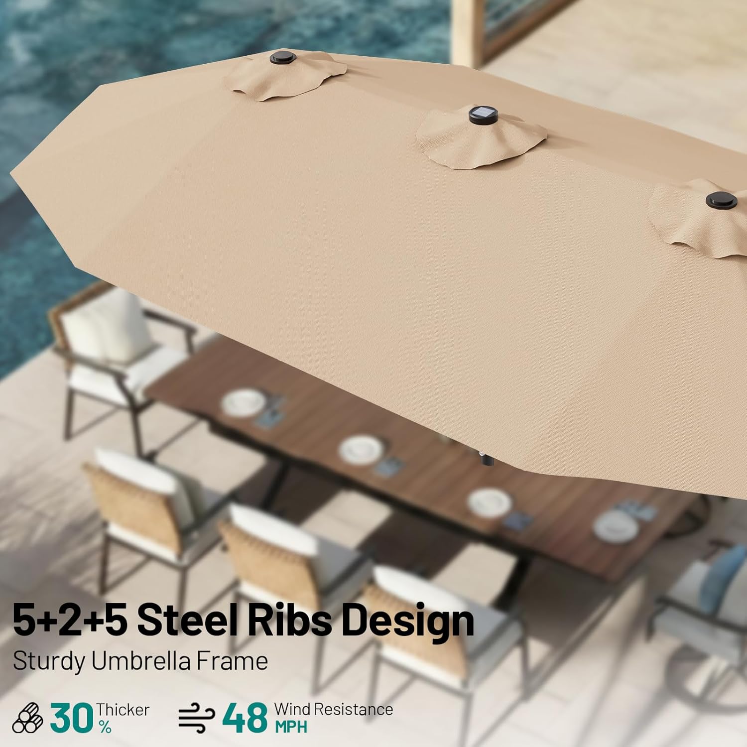 AreShark 15FT Patio Umbrella with Solar Lights, Double Sided Outdoor Table Umbrellas with Crank, Large Rectangular Market Umbrella for Porch, Lawn, Pool, Backyard, Beige