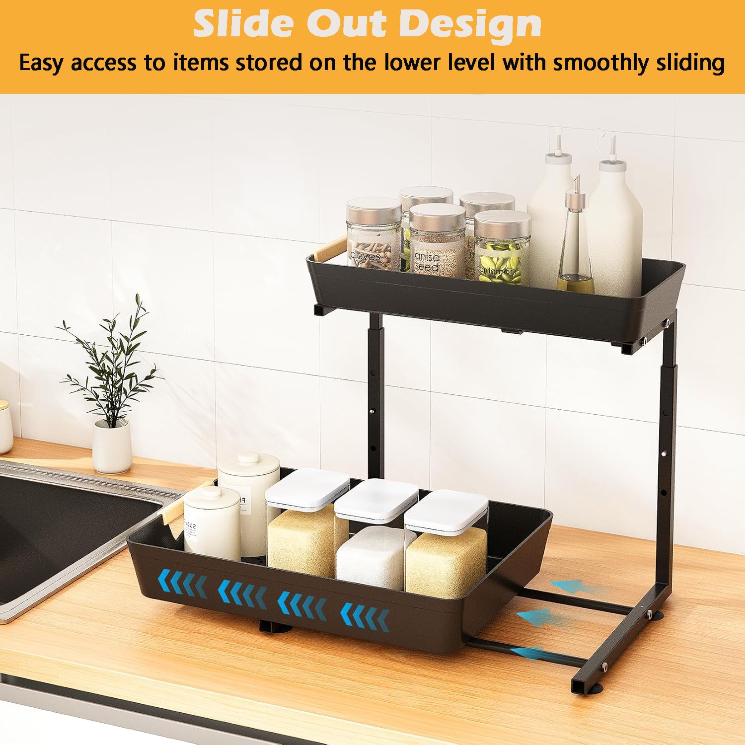 Organizery Schowek Pod Zlewem z Wysuwaną Szufladą w Kształcie Litery L, Regulowaną Na 3 Poziomy (33,5–41,5 Cm), Abs + Stal Węglowa Ultra, Nośność 22 Kg
