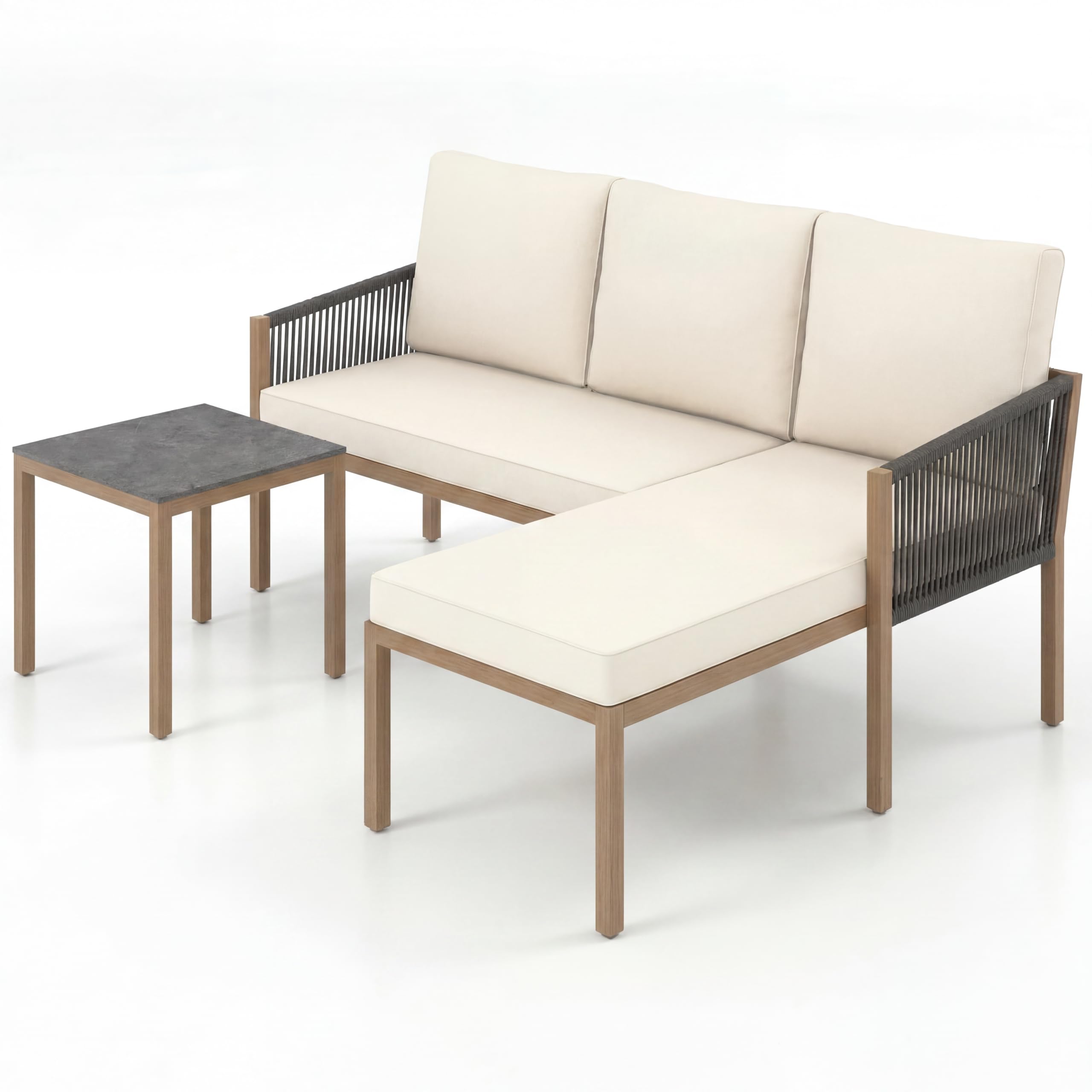 GIANTEX Conjunto de Muebles de Jardín de 3 Piezas, Set de Sofá de 2 Plazas, Tumbona y Mesa Cuadrada con Cojines de Fundas Desmontables, Marco de Metal, Tablero Efecto Mármol, para Terraza, Patio