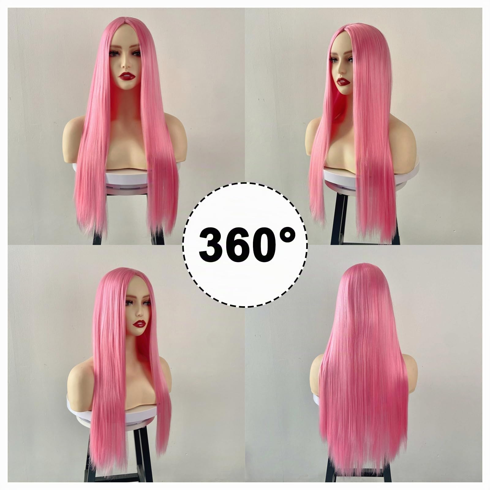 28 Pollice/70CM Lungo Lisci Parrucche Donna, Lunga Lisci Parte Centrale Rosa Parrucca, Alto-temperatura Fibra Ordinario Parrucche, Parrucca Partito Halloween Parrucche