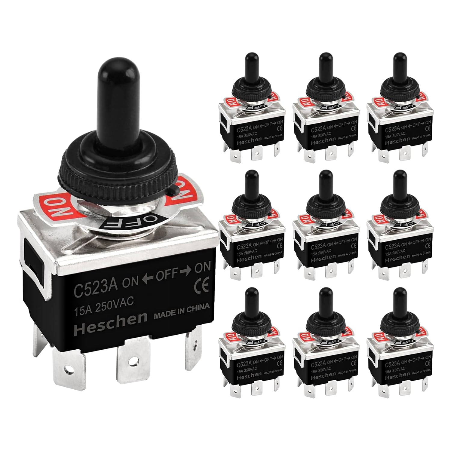 Heschen Metal Toggle Switch, C523A, DPDT, Maintained, ON/OFF/ON 3 position, 15A 250VAC, 6 Tab Terminal, CE, with Waterproof Cap (10)