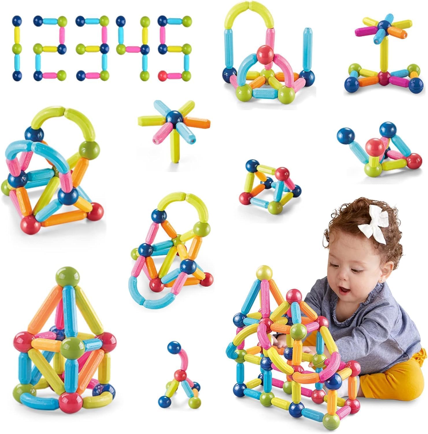 SKUVIZ DIY Magnetic Sticks&Balls Building Blocks Toys, Kids Montessori Toys Magnetic Balls&Rods Set, Playing Stacking 3D Magnet Learning Educational (25pcs Magnetic Blocks) 01 (25pcs Magnetic)
