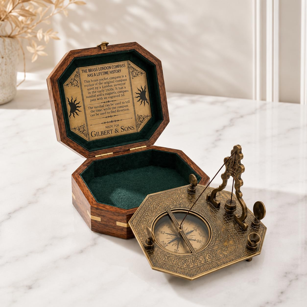 Brass Sundial Compass with Wooden Storage Box | Antique Handmade Nautical Navigation Instrument | Vintage Maritime Collectible | Decorative Desk Decor | Unique Gift, Collectors & Travelers-image-26