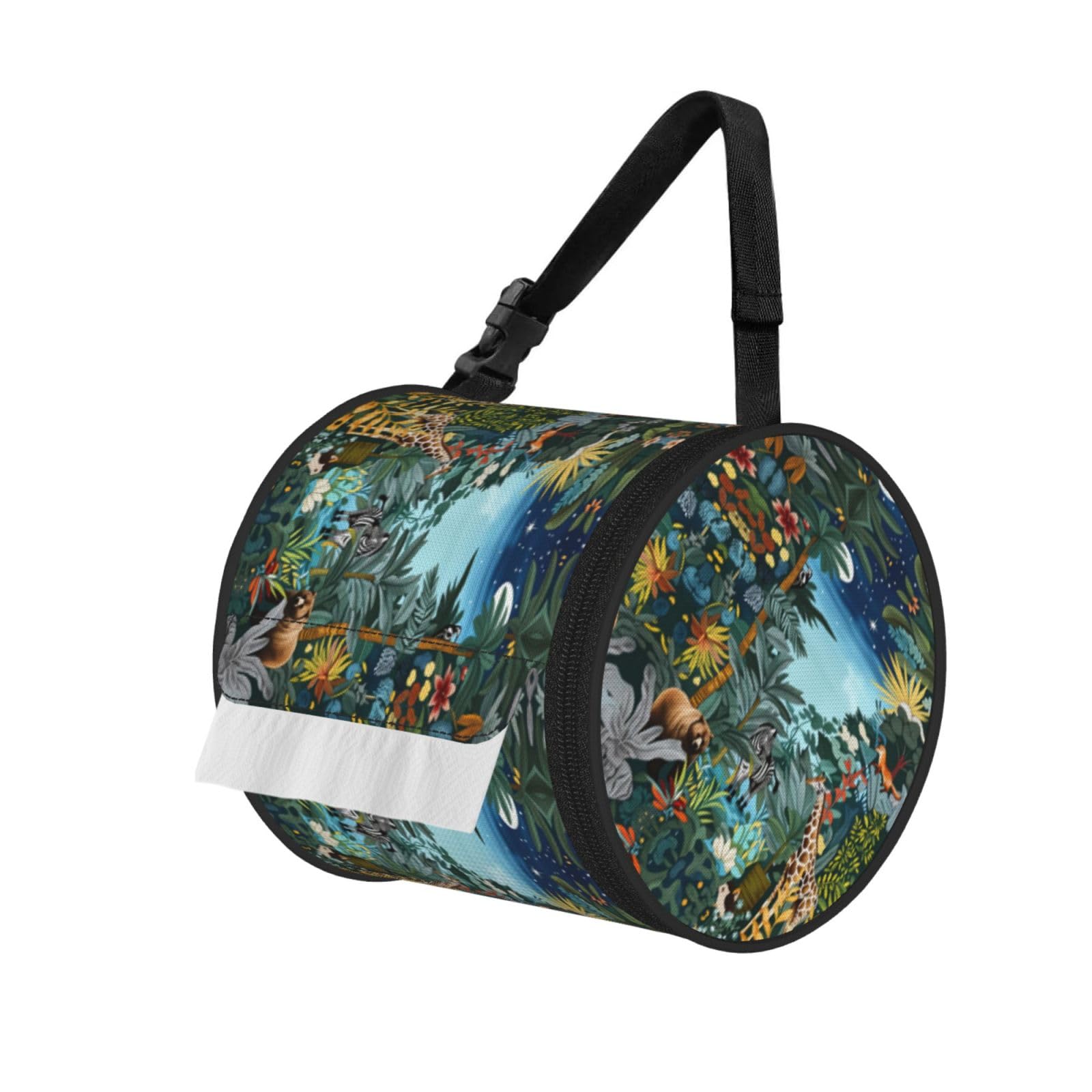 Jungle Animals Print Round Tissue Dispenser Bag With Carry Strap, Portable Roll Holder For Car Travel Home