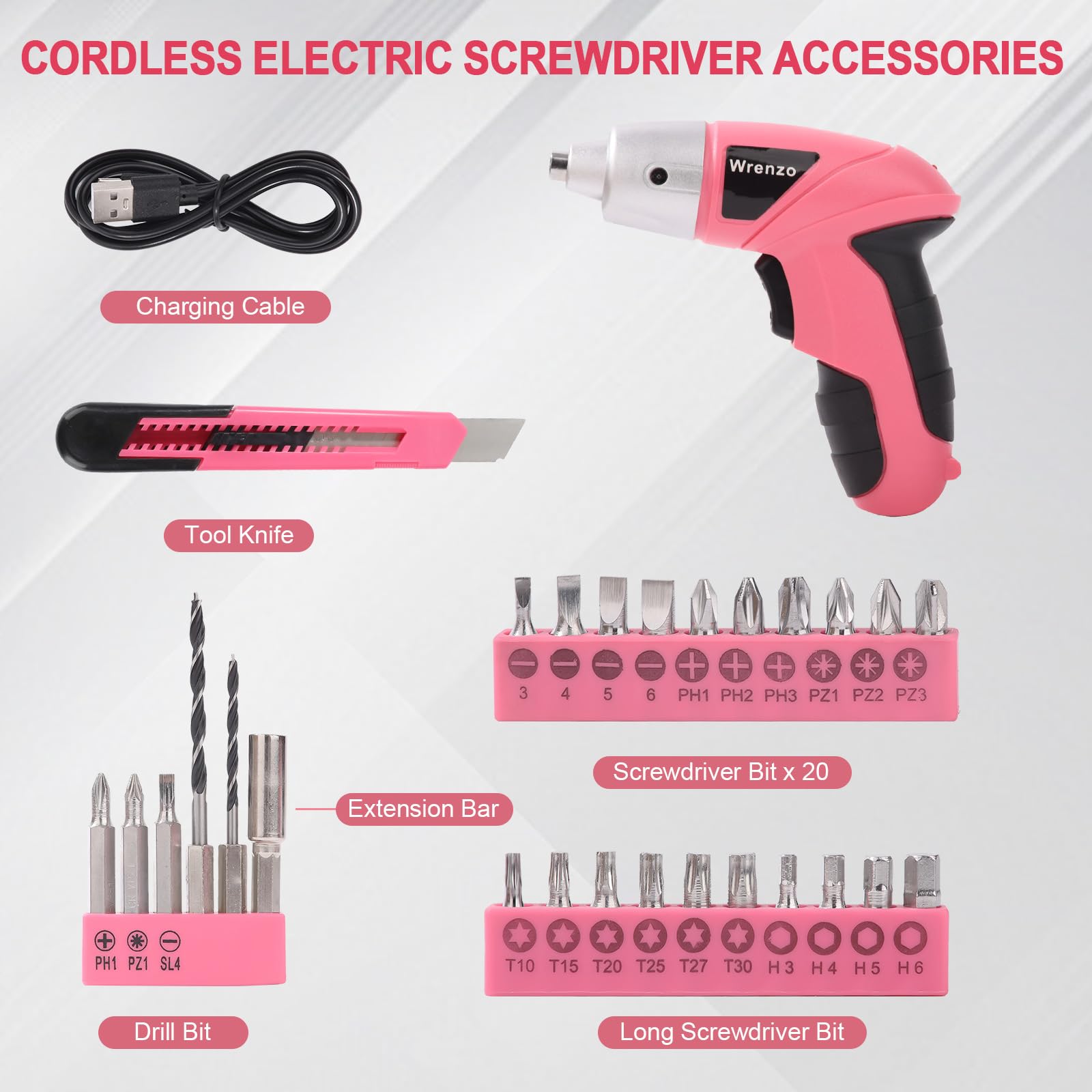 Cacciavite elettrico 28pc 3.6V rosa USB Piccolo Power Set Cacciavite di Potere Cordless & Ricaricabile con Driver Bit Set