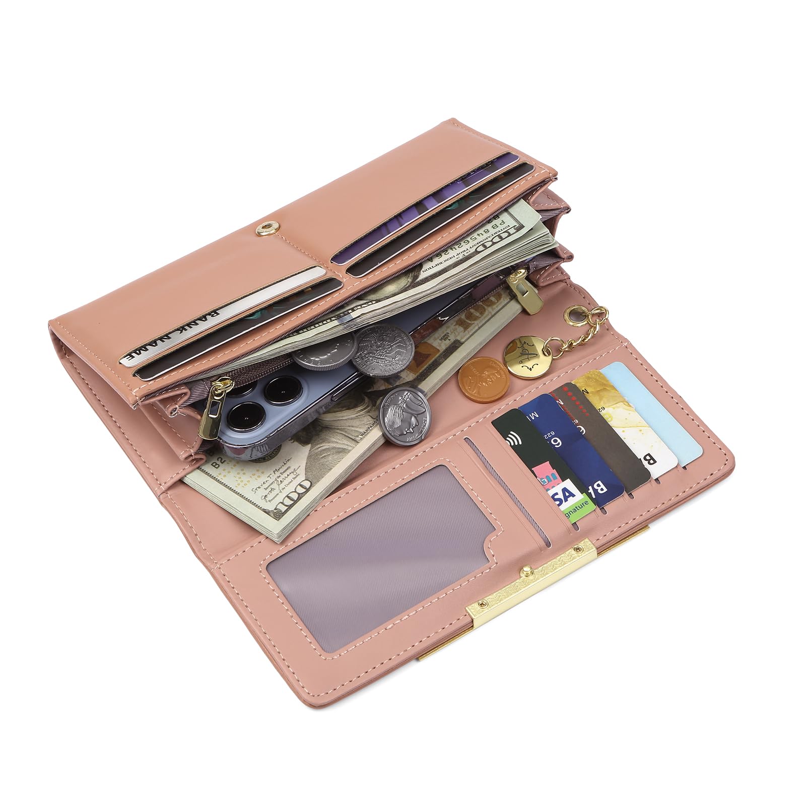 Personnalisé Portefeuille Femme Grand Format Photo et Nom Portefeuille avec Pochette de Monnaie Porte-Cartes Cadeau pour Femme Anniversaire Noël (Rose)