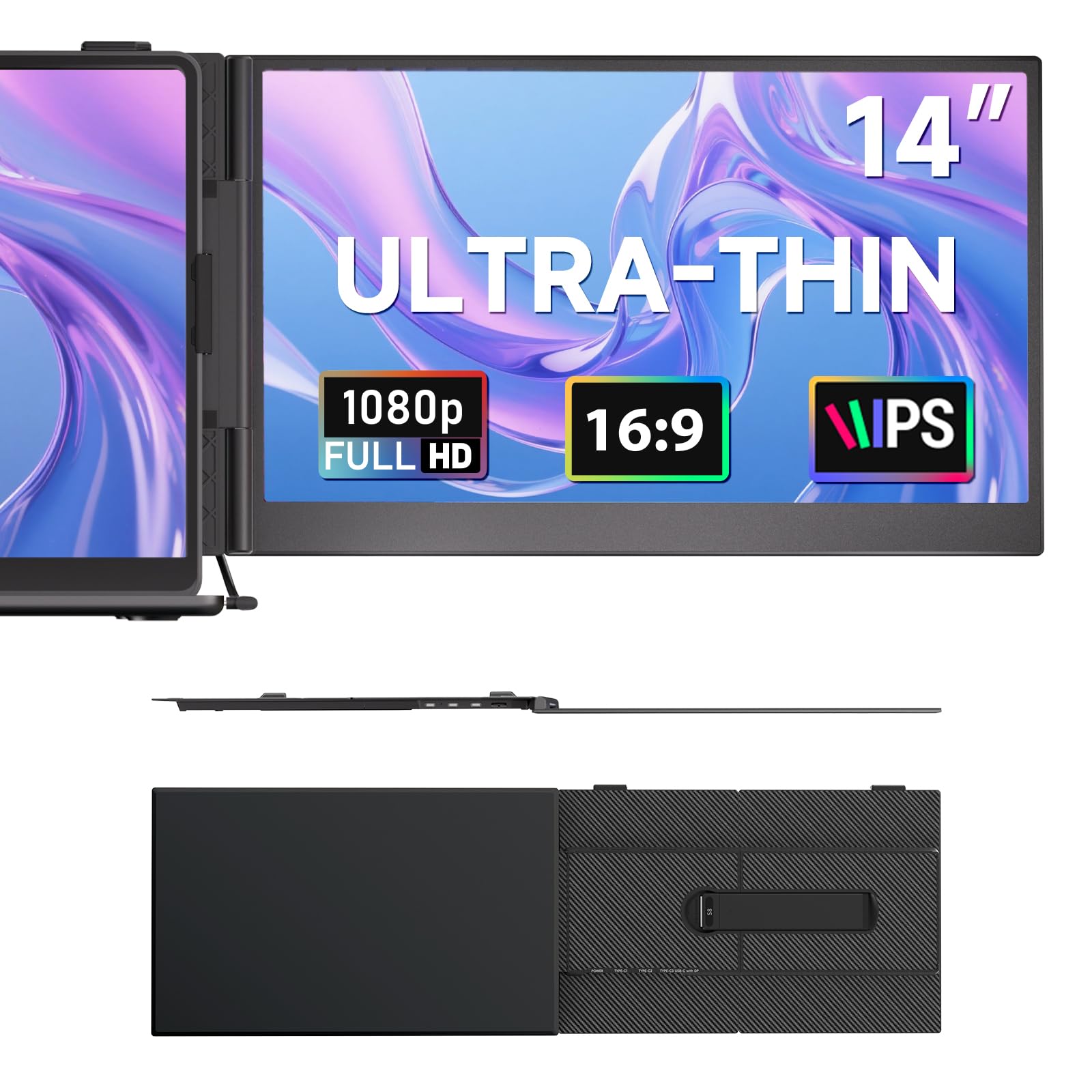 ROYY Laptop Screen Extender 14" Ultra-Thin Portable Dual Monitor FHD 1080P IPS Attachment Extended Extra Screen USB-C HDMI Port Compatible with Wins Mac Dex Chrome Travel Work Fits 13.3"-17" Laptops