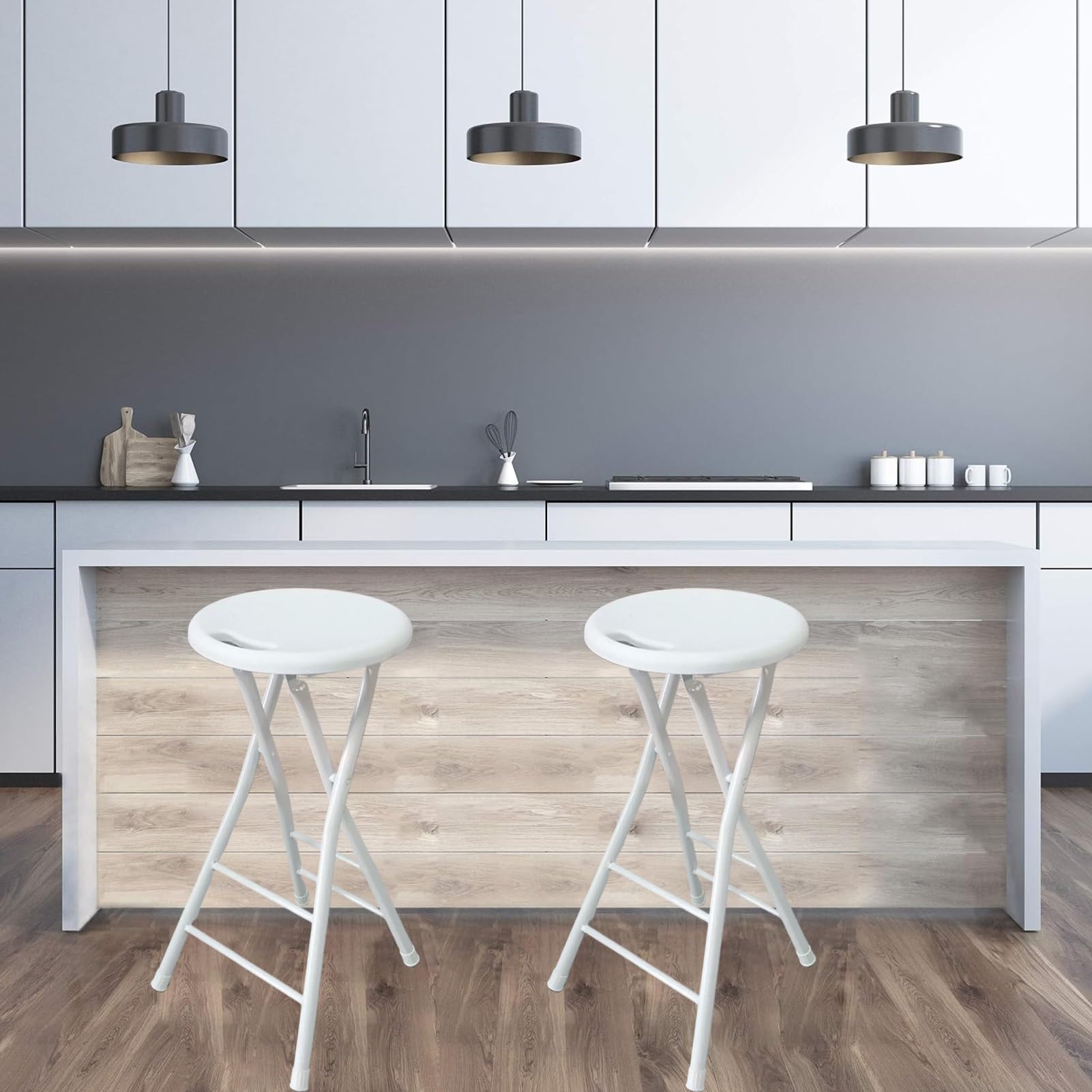 Sgabello da bar pieghevole con gambe in acciaio per adulti, alto 61 cm, seggiolone compatto, per cucina, colazione, campeggio, portatile e facile da trasportare (bianco, 60 cm)