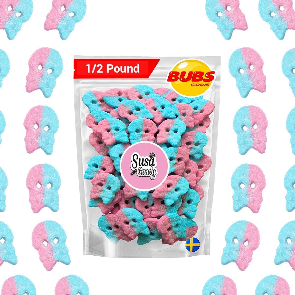 BUBS Sour Dizzy Skulls – Bubblegum Flavor, 1/2 Pound Soft Foam Godis – Premium Vagen Swedish Candy by Susa Candy