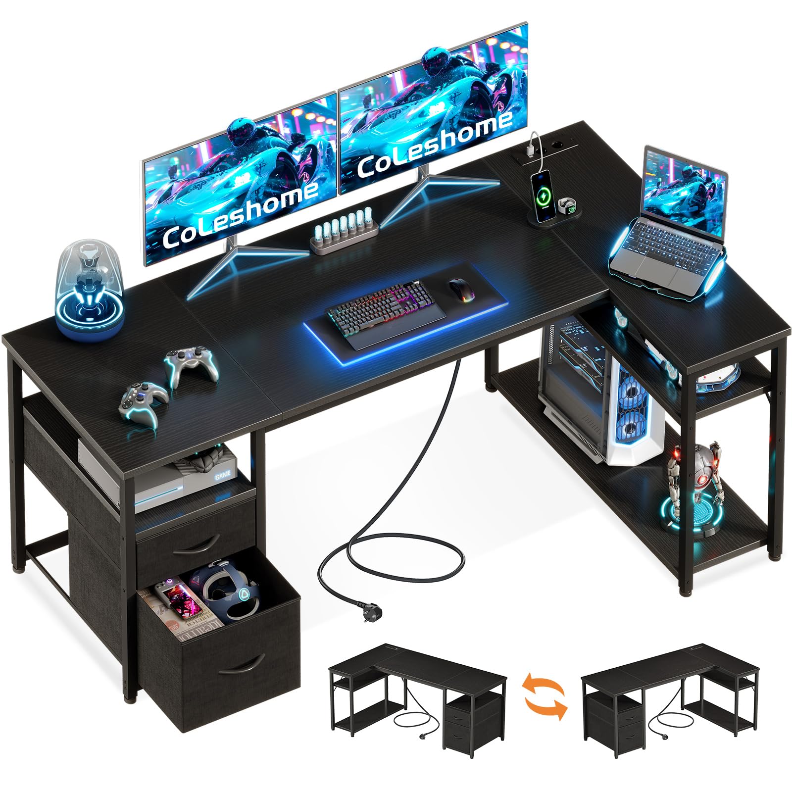 Coleshome Schreibtisch mit 2 Schubladen und Regal, Eckschreibtisch mit Stauraum und Steckdose, Umkehrbarer Gaming Tisch für Homeoffice & Familienecke