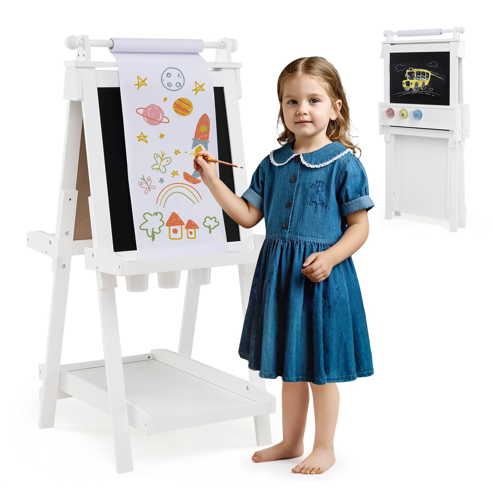 COSTWAY Caballete Plegable para Niños 3 en 1, Pizarra Infantil de Doble Cara, Pizarra Blanca y Magnética, 3 Alturas Ajustables, Rollo de Papel Reemplazable, 3 Vasos, Bandejas (Blanco)