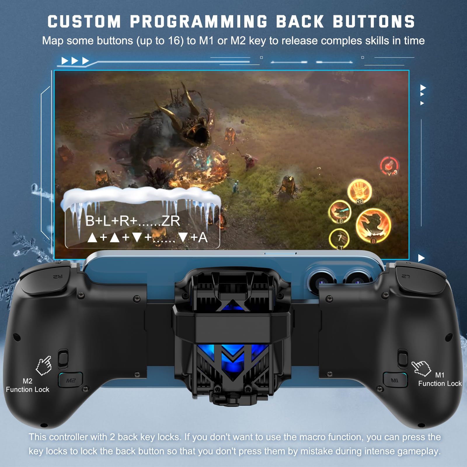 Joso Phone Controller for iPhone/Android with Phone Case Support, Mobile Gaming Controller with Cooler for iPhone 16/15/14, Galaxy S24/S23/S22 - Universal Fit, Customizable Buttons, Turbo