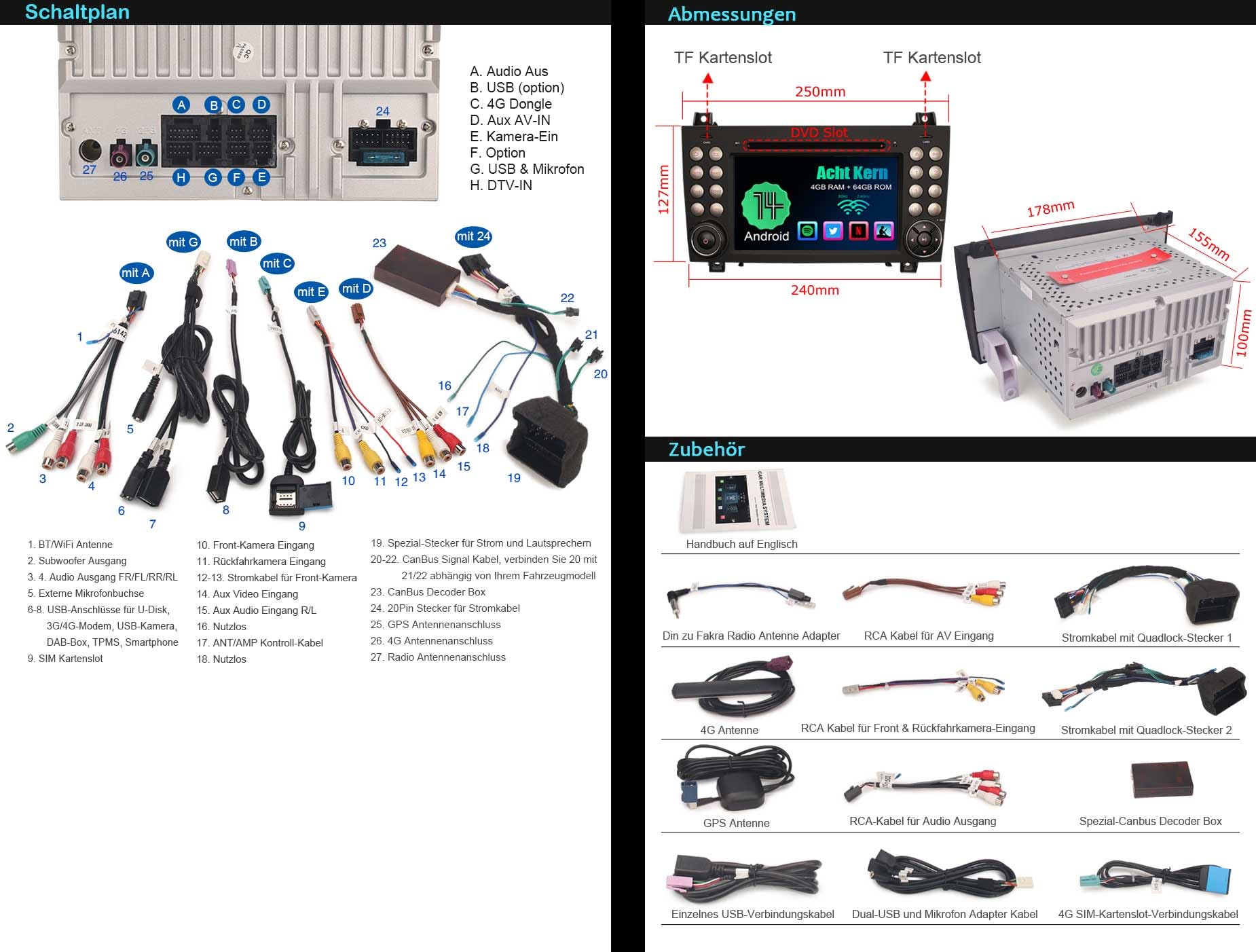 Radio samochodowe z systemem Android 14 z 8 rdzeniami, 4GB+64GB, DAB+ GPS, Bluetooth dla Mercedes BENZ klasy SLK W171 R171 z nawigacją, obsługuje bezprzewodowe CarPlay, Android AUTO, WiFi 4G