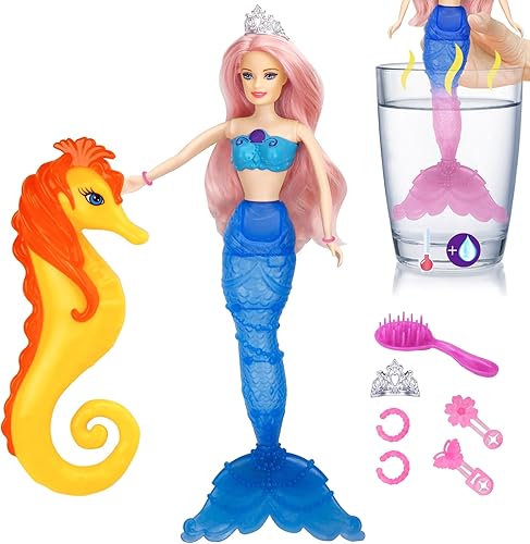 BETTINA Muñeca mágica de sirena que cambia de color, juguete de princesa sirena con caballito de mar y accesorios para muñecas, cabello rosa