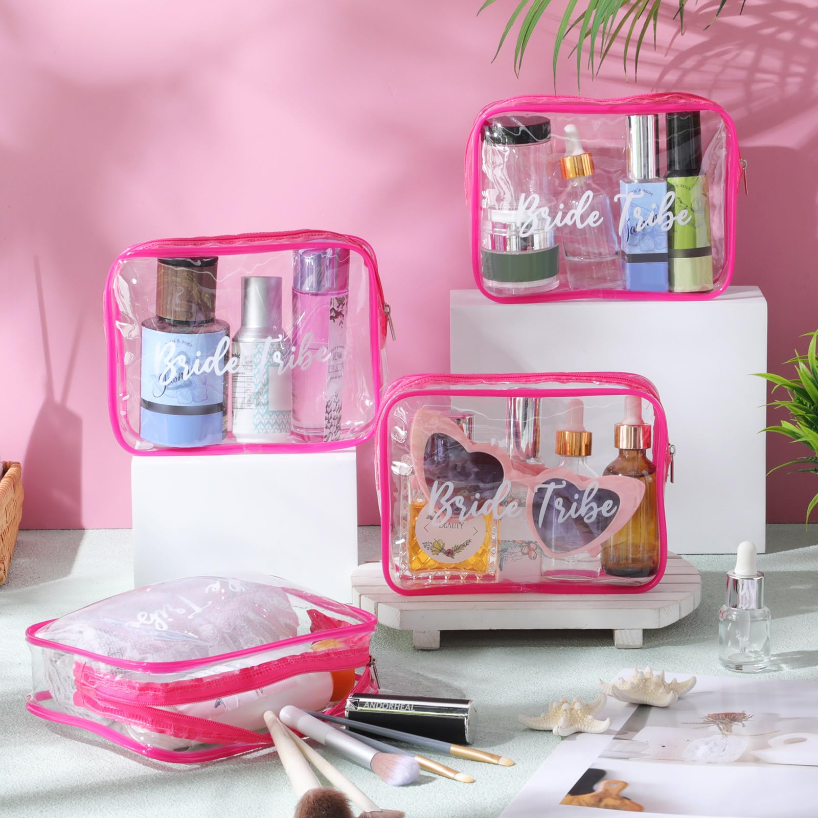 Amylove 10 Pcs Bride Cosmetic Bag Clear Makeup Bags Toiletry Bag Makeup Travel Cosmetic Pouch Clear PVC Bags for Wedding Party Bridesmaid Proposal Bridal Gift (Rose Pink)