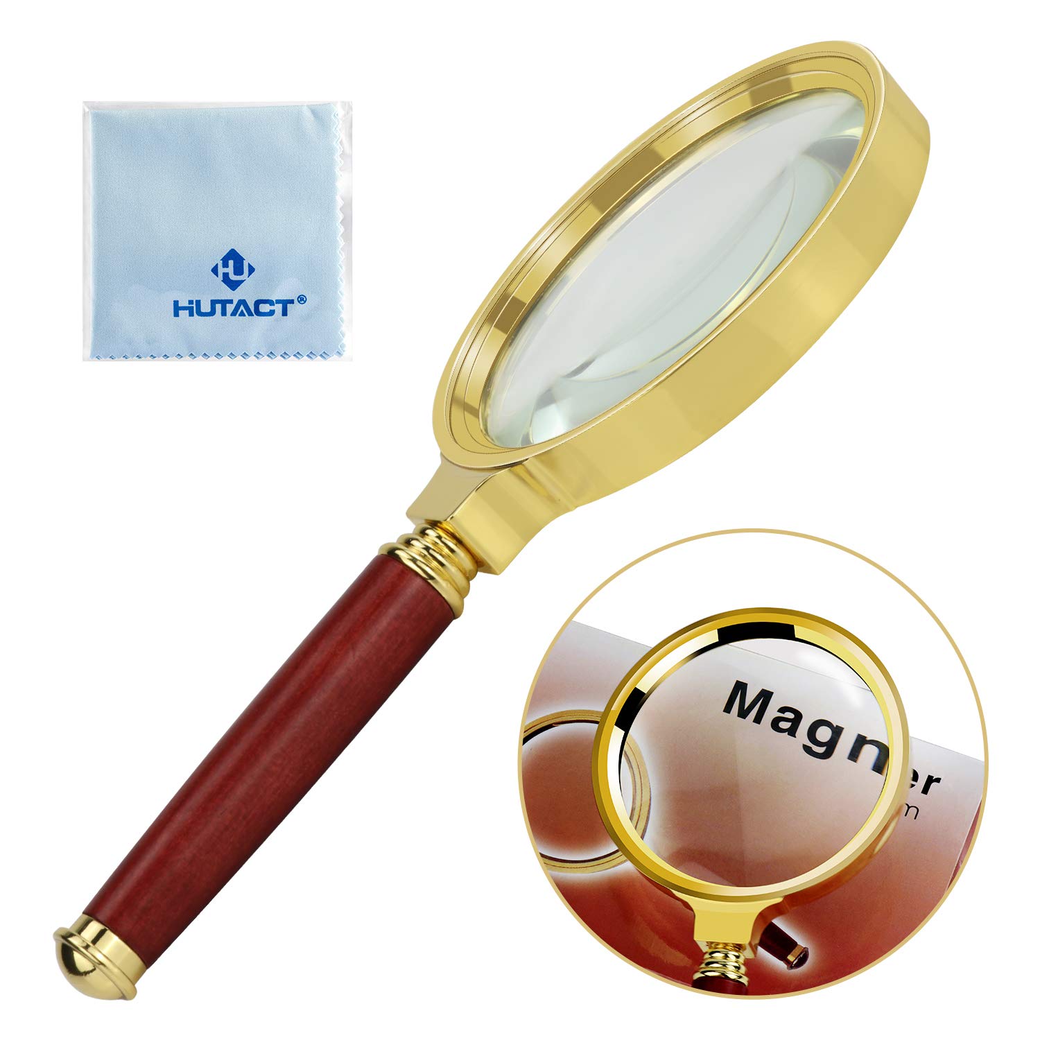 10X Handheld Magnifier, 80mm Diameter Reading Magnifying Glass, Mental Frame & Solid Rosewood Handle Magnifier for Reading Book, Newspaper, Insects, Map, Crossword Puzzle, Engravings, Jewellery
