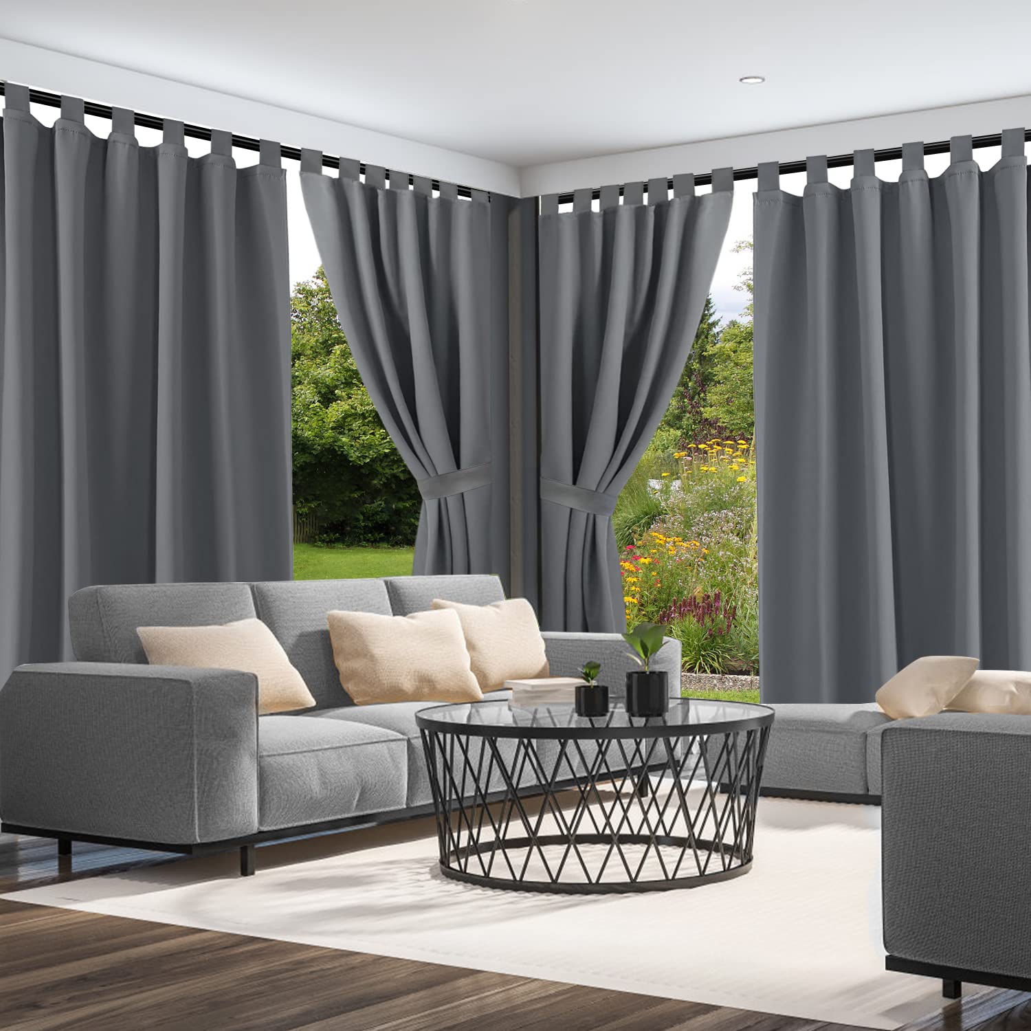 Cortina Porche Impermeable, Protección Solar UV, para Terraza Exterior, Pérgolas y Ventanas, 132x215cm (Gris x1 Pieza)