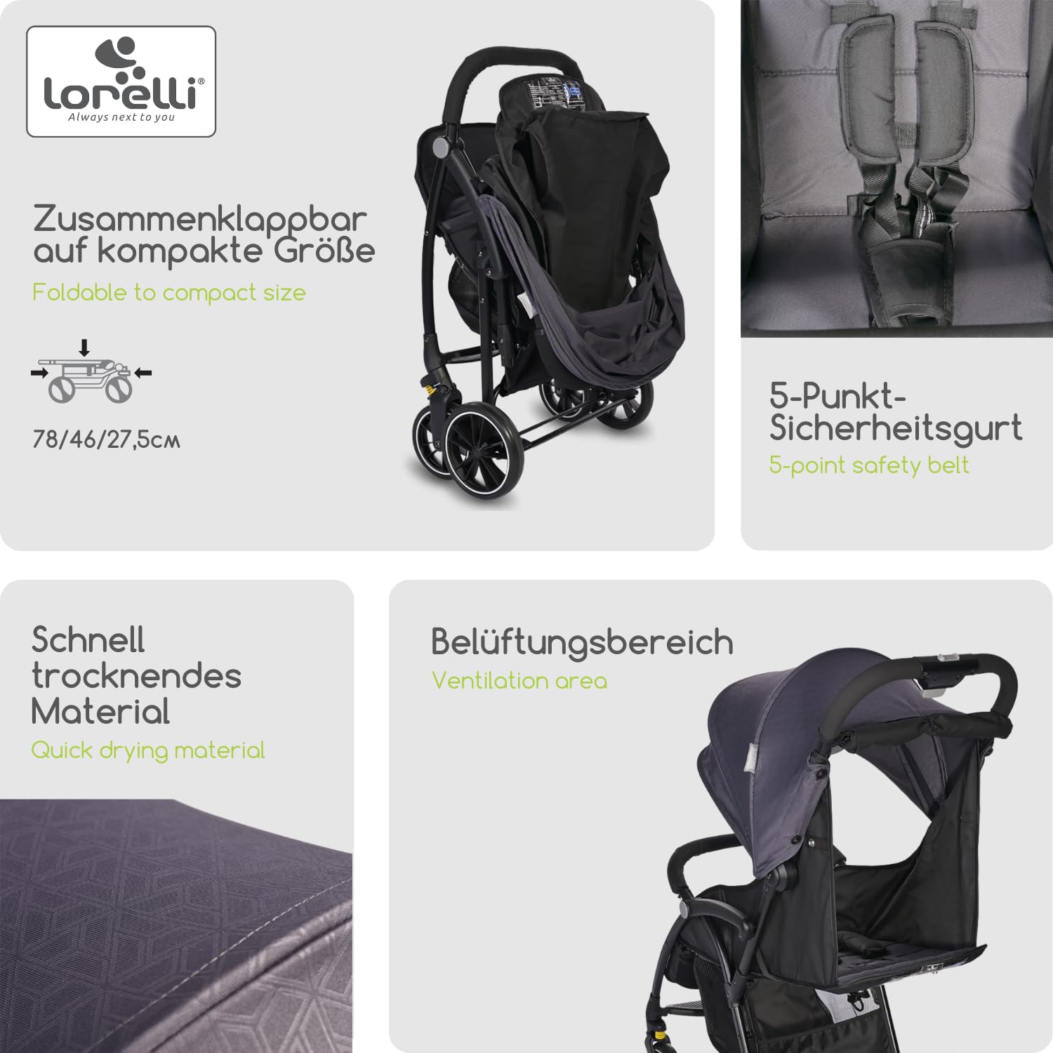Lorelli Kinderwagen Fresh, Sport Buggy klein zusammenklappbar, nur 5,9kg, kompakter Sportsitz bis 22kg, Baby Reisebuggy, Einhand-Klappsystem, grau