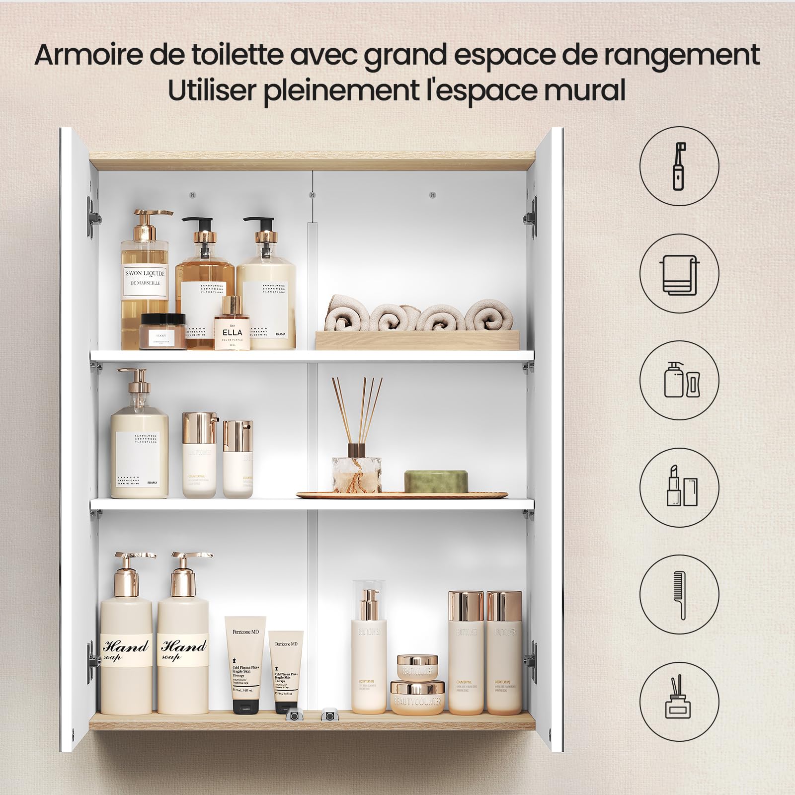 EUGAD Armoire de Salle de Bain avec Miroir, Meuble, Armoire Murale avec Étagères Réglables, Blanc et Chêne Clair 60x20x75cm (LxPxH)