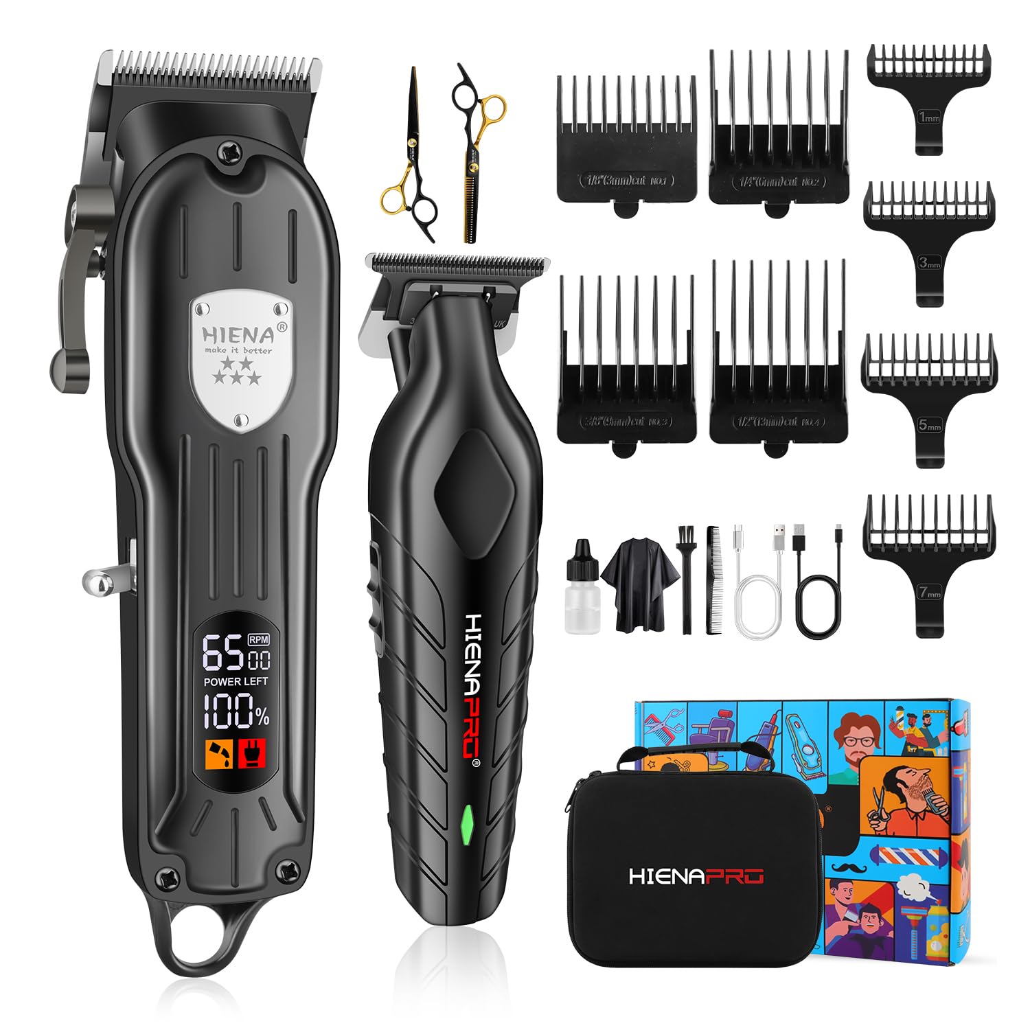 HIENA PRO Professional Hair Clippers for Men Rechargeable Barber Clippers & Trimmers Set, Cordless Hair Clippers Kit with LCD Display, Gifts for Men