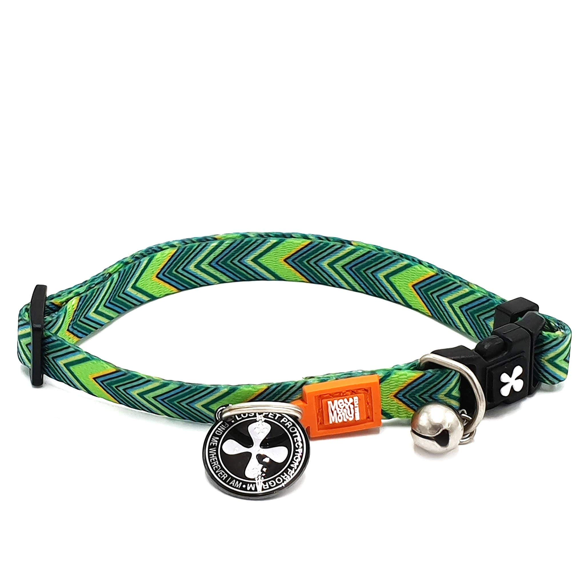 Max & Molly Fun & Whimsy Cat Collar w/Jingle Bell, Breakaway Safety Buckle, Adjustable Sizing & Smart ID Personalized Tag for Girl or Boy Cats/Kittens, Vintage Green Chevron